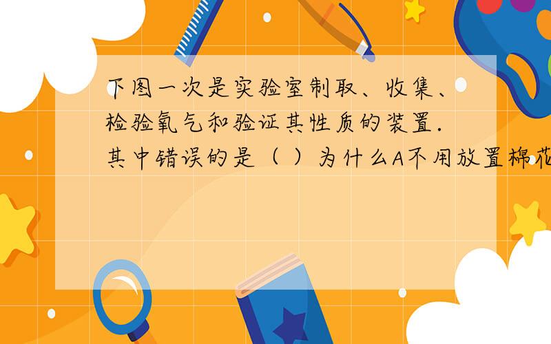 下图一次是实验室制取、收集、检验氧气和验证其性质的装置．其中错误的是（ ）为什么A不用放置棉花而用高锰酸钾制取氧气时需要放置棉花?