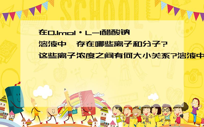 在0.1mol·L-1醋酸钠溶液中,存在哪些离子和分子?这些离子浓度之间有何大小关系?溶液中为什么没有醋酸钠分子?