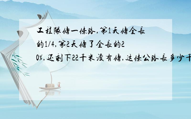 工程队修一条路,第1天修全长的1/4,第2天修了全长的20%,还剩下22千米没有修,这条公路长多少千米急