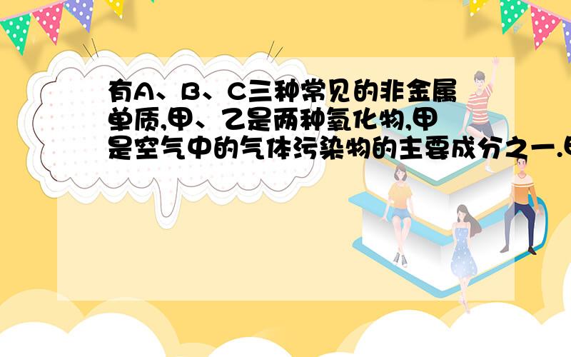 有A、B、C三种常见的非金属单质,甲、乙是两种氧化物,甲是空气中的气体污染物的主要成分之一.甲、乙和B三种物质在大气中发生缓慢氧化或受到其他污染物的作用而形成酸雨的一种主要成分