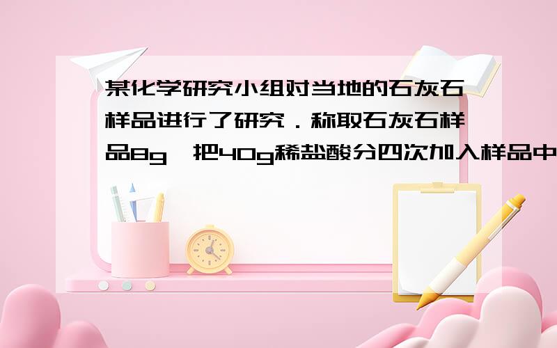 某化学研究小组对当地的石灰石样品进行了研究．称取石灰石样品8g,把40g稀盐酸分四次加入样品中,测得实验数据见下表（假设石灰石样品中杂质不溶于水、不与盐酸反应,二氧化碳不溶解）