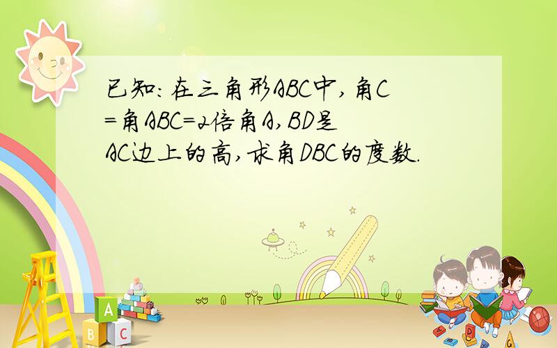 已知：在三角形ABC中,角C=角ABC=2倍角A,BD是AC边上的高,求角DBC的度数.