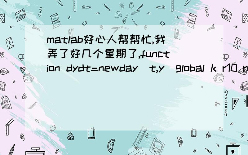 matlab好心人帮帮忙,我弄了好几个星期了,function dydt=newday(t,y)global k r10 rou3 rou1 miu3 miu1 n w m s gama p0 pv pa f sig1 sig2;dydt=[y(2);((-y(2)^2)*0.5*rou3*y(1)*(3*(y(1)^3)+4*k)*(1/((y(1)^3)+k)^s)-1.5*rou1*y(1)^2-4*miu3*y(2)*(y(1)