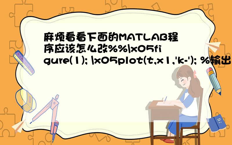 麻烦看看下面的MATLAB程序应该怎么改%%\x05figure(1); \x05plot(t,x1,'k-'); %输出正弦波信号时域波形\x05title('方波信号时域波形');\x05xlabel('t'),ylabel('x1(t)');\x05hold on;\x05grid on;\x05figure(2); \x05plot(t,xn,'b-');