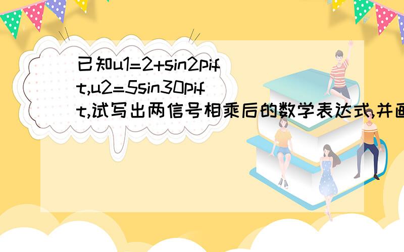 已知u1=2+sin2pift,u2=5sin30pift,试写出两信号相乘后的数学表达式,并画出其波形和频谱图.