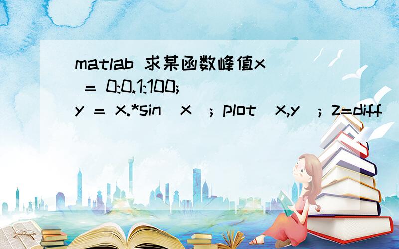 matlab 求某函数峰值x = 0:0.1:100; y = x.*sin(x); plot(x,y); z=diff(y); c=find(z==0) x(c)