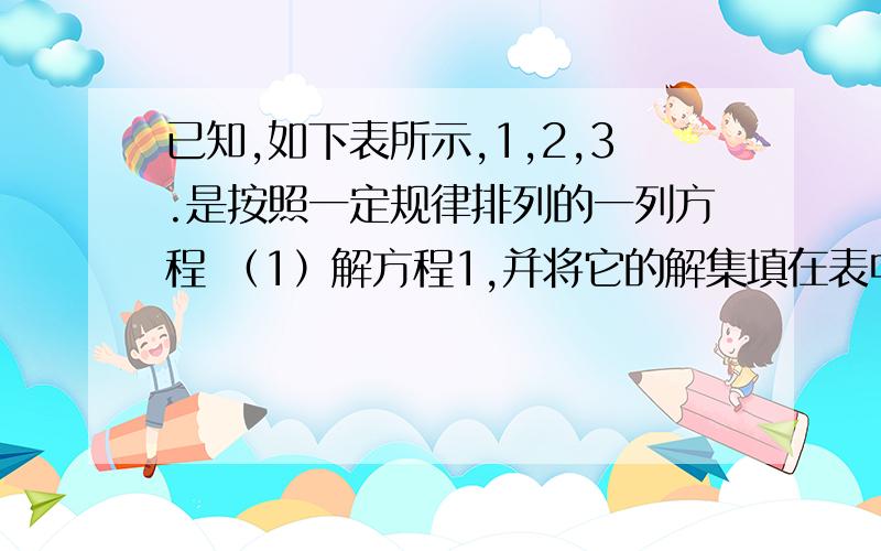 已知,如下表所示,1,2,3.是按照一定规律排列的一列方程 （1）解方程1,并将它的解集填在表中的空白处（2）若关于x的方程a（x-b）-x=x（x-b）（a＞b）的解是x1=6,x2=10,求a,b的值,该方程是不是（1）