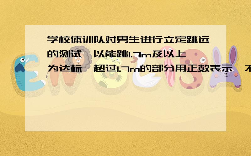 学校体训队对男生进行立定跳远的测试,以能跳1.7m及以上为达标,超过1.7m的部分用正数表示,不足1.7m的部分用负数表示.：+0．2、＋0．3、－0．4、0、＋0．1、－0．2、＋0．5、－0．5.这次测试平