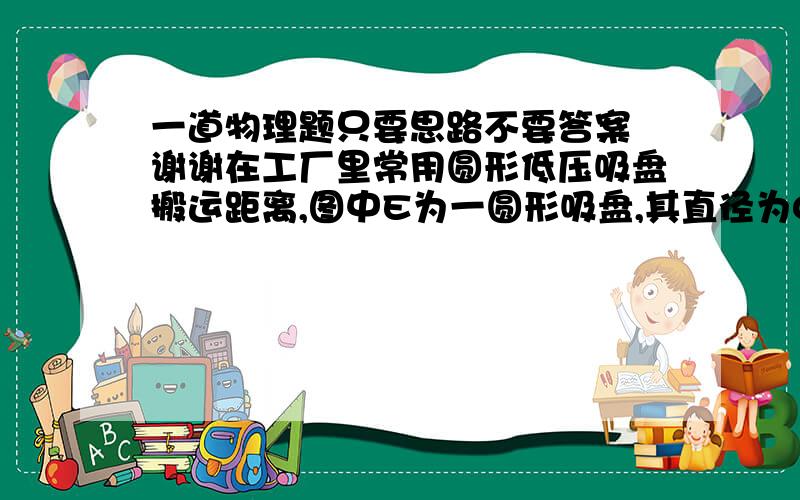 一道物理题只要思路不要答案 谢谢在工厂里常用圆形低压吸盘搬运距离,图中E为一圆形吸盘,其直径为0.2m,ABCD为一正方形平板玻璃,边长为1m,重125.6N,若吸盘能将该平板玻璃水平吸住并悬空,则吸