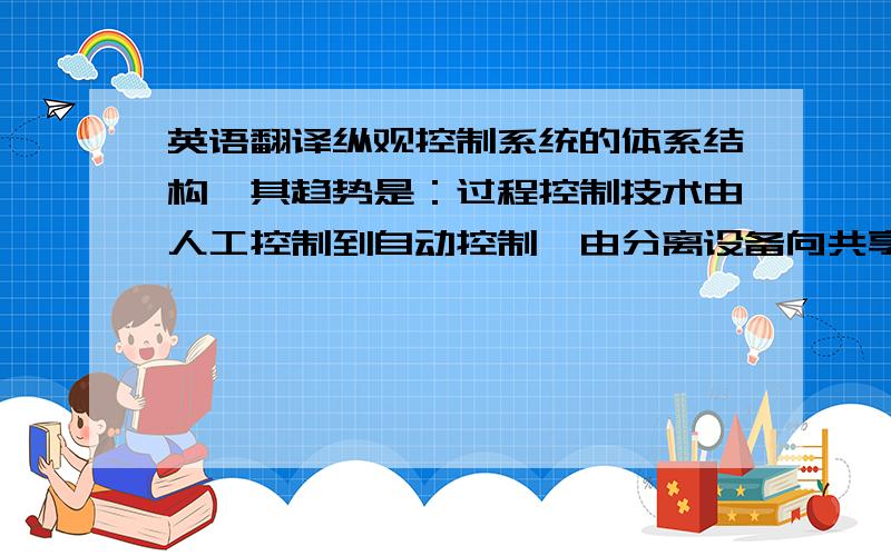 英语翻译纵观控制系统的体系结构,其趋势是：过程控制技术由人工控制到自动控制,由分离设备向共享设备发展,自动化技术由模拟仪表向智能仪表发展,工业控制系统向发散化、网络化和智能