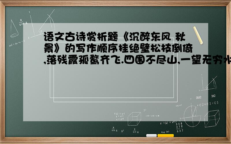 语文古诗赏析题《沉醉东风 秋景》的写作顺序挂绝壁松枝倒倚,落残霞孤鹜齐飞.四围不尽山,一望无穷水.散西风满天秋意,夜静云帆月影低.载我在潇湘画里.