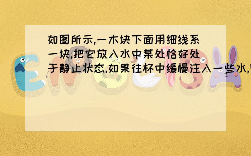 如图所示,一木块下面用细线系一块,把它放入水中某处恰好处于静止状态,如果往杯中缓慢注入一些水,则木块及铝块（　　）A．向上运动B．仍然静止C．向下运动D．向上、静止、向下运