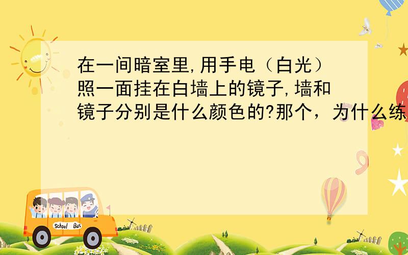 在一间暗室里,用手电（白光）照一面挂在白墙上的镜子,墙和镜子分别是什么颜色的?那个，为什么练习册答案说是黑色的……