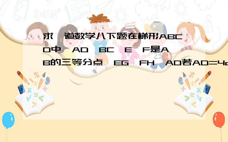 求一道数学八下题在梯形ABCD中,AD‖BC、E、F是AB的三等分点,EG‖FH‖AD若AD=4cm,BC=10cm则EG=       FH=