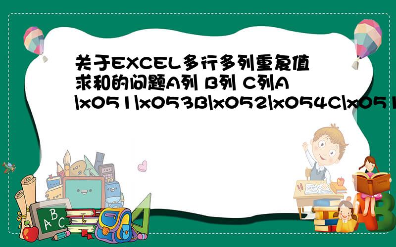 关于EXCEL多行多列重复值求和的问题A列 B列 C列A\x051\x053B\x052\x054C\x051\x055A\x051\x056B\x052\x057问：如何用函数对A列、B列中相同重复的行进行C列求和并显示在D列,如所有A列中的字母A 对应B列中数