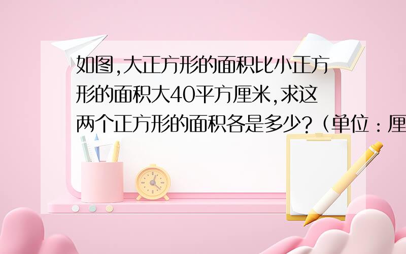 如图,大正方形的面积比小正方形的面积大40平方厘米,求这两个正方形的面积各是多少?（单位：厘米）