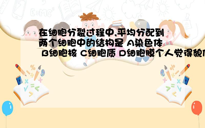 在细胞分裂过程中,平均分配到两个细胞中的结构是 A染色体 B细胞核 C细胞质 D细胞膜个人觉得貌似前两个都是对的啊,求讲解