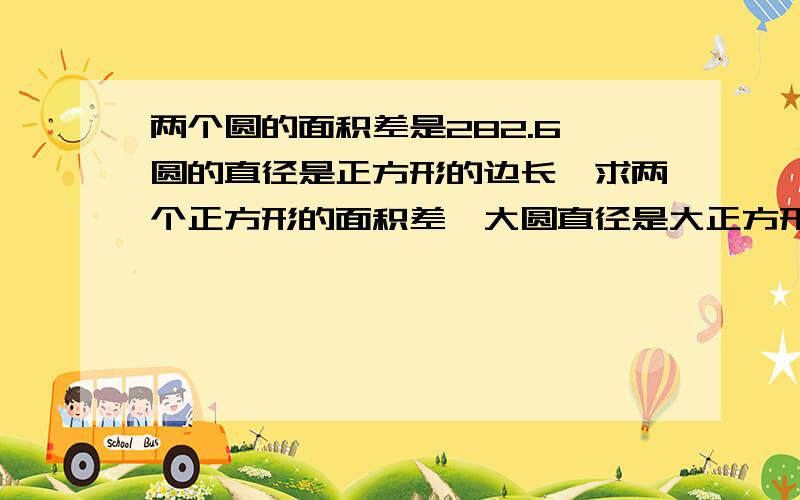 两个圆的面积差是282.6,圆的直径是正方形的边长,求两个正方形的面积差,大圆直径是大正方形的边长,小圆直径是小正方形的边长