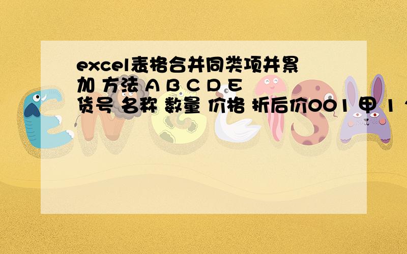 excel表格合并同类项并累加 方法 A B C D E货号 名称 数量 价格 折后价001 甲 1 2 1 002 乙 2 2 1003 丙 2 1 0.8003 丙 2 2 1 001 甲 1 1 0.8 计算后需要这样A B C D E货号 名称 数量 价格 折后价001 甲 2 3 1.8002 乙