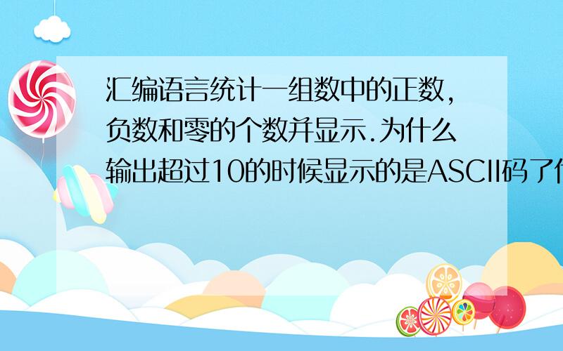 汇编语言统计一组数中的正数,负数和零的个数并显示.为什么输出超过10的时候显示的是ASCII码了代码如下：DATA SEGMENTDD1 db 1,4,-5,-2,23,43,24,-12,0,25,-56,0,-64,0,83,52,58,0,9,12COUNT db $-dD1m1 db '1,4,-5,-2,23,4