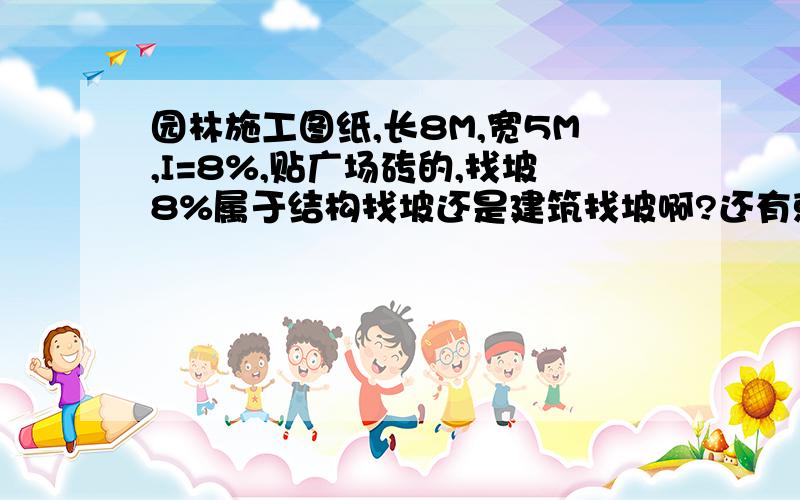 园林施工图纸,长8M,宽5M,I=8%,贴广场砖的,找坡8%属于结构找坡还是建筑找坡啊?还有就是不知道板厚,要做几厚找坡?有计算公式做几厚的吗?