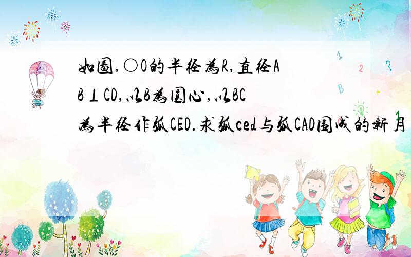 如图,○O的半径为R,直径AB⊥CD,以B为圆心,以BC为半径作弧CED.求弧ced与弧CAD围成的新月牙形ACED的面积S