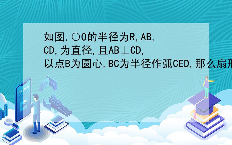 如图,○O的半径为R,AB,CD,为直径,且AB⊥CD,以点B为圆心,BC为半径作弧CED,那么扇形CBD的面积为