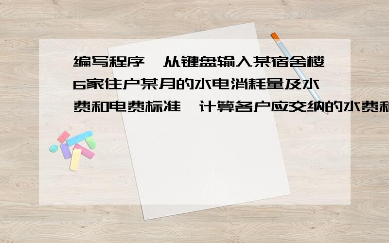 编写程序,从键盘输入某宿舍楼6家住户某月的水电消耗量及水费和电费标准,计算各户应交纳的水费和电费数据及要求如下：1．水费标准为：1.5元/吨,电费标准为：0.5元,6户人家的信息如下表