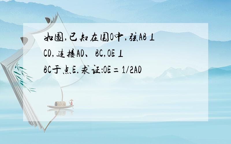 如图,已知在圆O中,弦AB⊥CD,连接AD、BC,OE⊥BC于点E.求证：OE=1/2AD