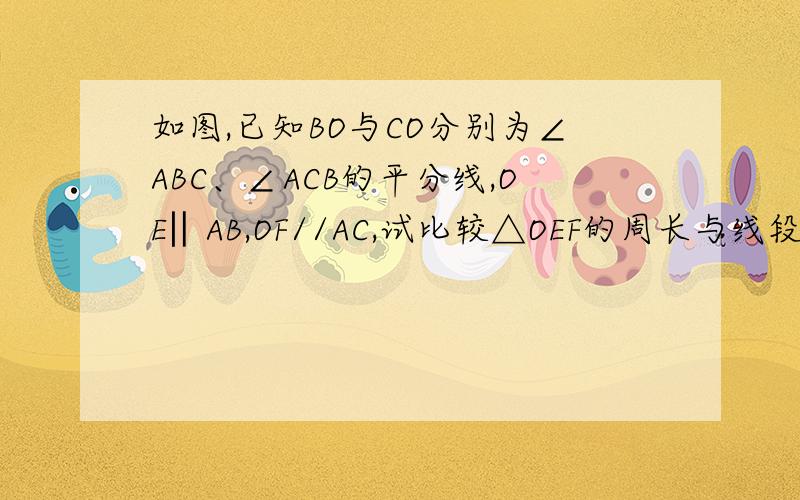 如图,已知BO与CO分别为∠ABC、∠ACB的平分线,OE‖AB,OF//AC,试比较△OEF的周长与线段BC的长短