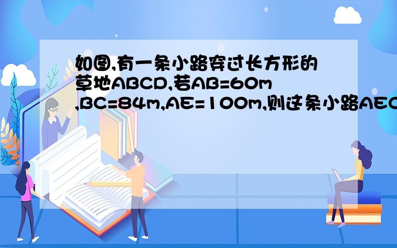 如图,有一条小路穿过长方形的草地ABCD,若AB=60m,BC=84m,AE=100m,则这条小路AECF的面积是多少?