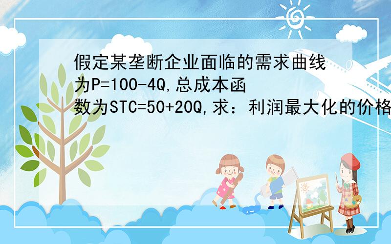 假定某垄断企业面临的需求曲线为P=100-4Q,总成本函数为STC=50+20Q,求：利润最大化的价格,产量,利润