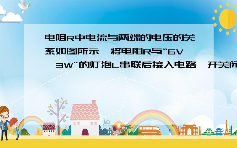 电阻R中电流与两端的电压的关系如图所示,将电阻R与“6V,3W”的灯泡L串联后接入电路,开关闭合后,灯泡L刚好正常发光通过灯泡的电流是0.5A,求（1）电阻R的阻值是?（2）灯泡的灯丝电阻为?（3