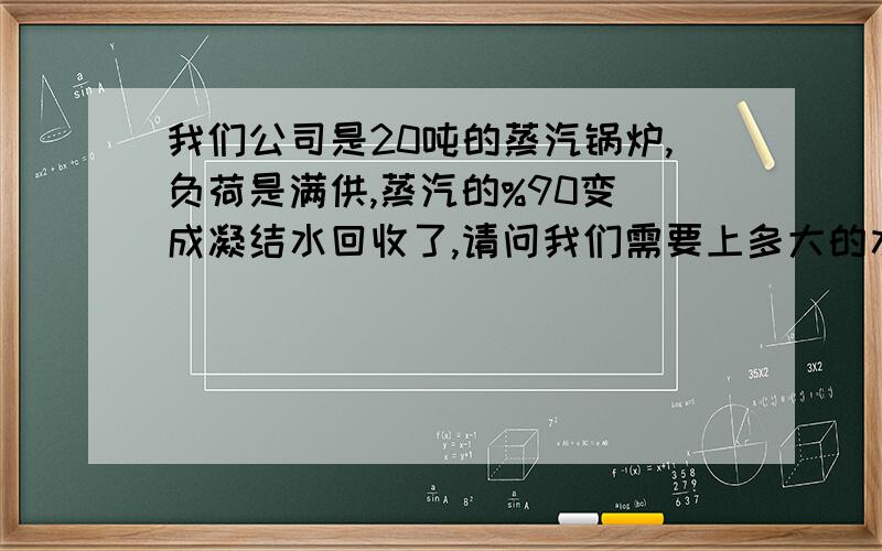 我们公司是20吨的蒸汽锅炉,负荷是满供,蒸汽的%90变　成凝结水回收了,请问我们需要上多大的水处理设备?