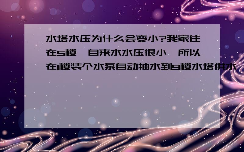 水塔水压为什么会变小?我家住在5楼,自来水水压很小,所以在1楼装个水泵自动抽水到9楼水塔供水,平时水压都正常.我经常忘记交水费被停水,这让我发现一个奇怪现象,就是因为停水而水塔没水