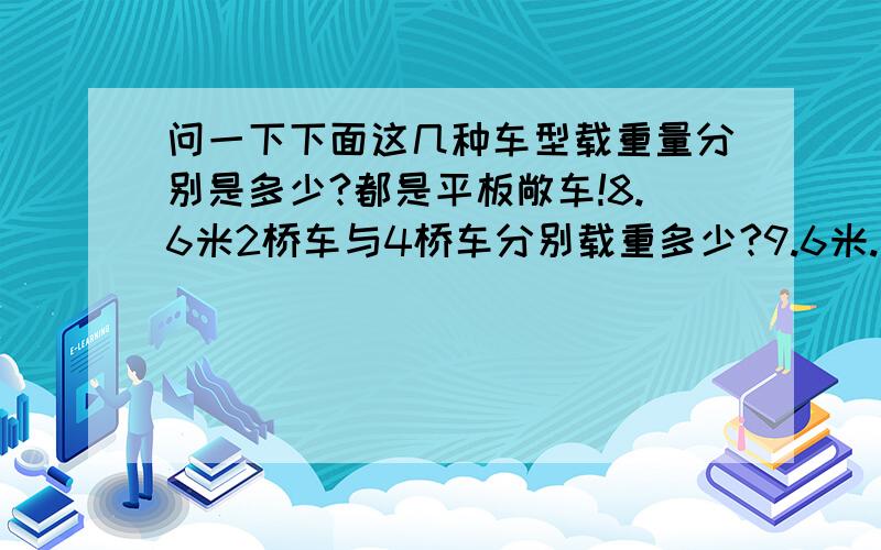 问一下下面这几种车型载重量分别是多少?都是平板敞车!8.6米2桥车与4桥车分别载重多少?9.6米.(后面省略号同上)12.5米.(后面省略号同上)13米.(后面省略号同上)17米.(后面省略号同上)