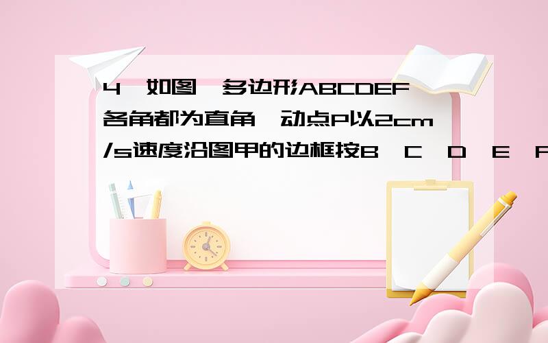 4、如图,多边形ABCDEF各角都为直角,动点P以2cm/s速度沿图甲的边框按B→C→D→E→F→A的路径移动,相应的△ABP的面积s关于时间t的函数图象如图乙.若AB=6cm,试回答下列问题： （1）P点在整个的移