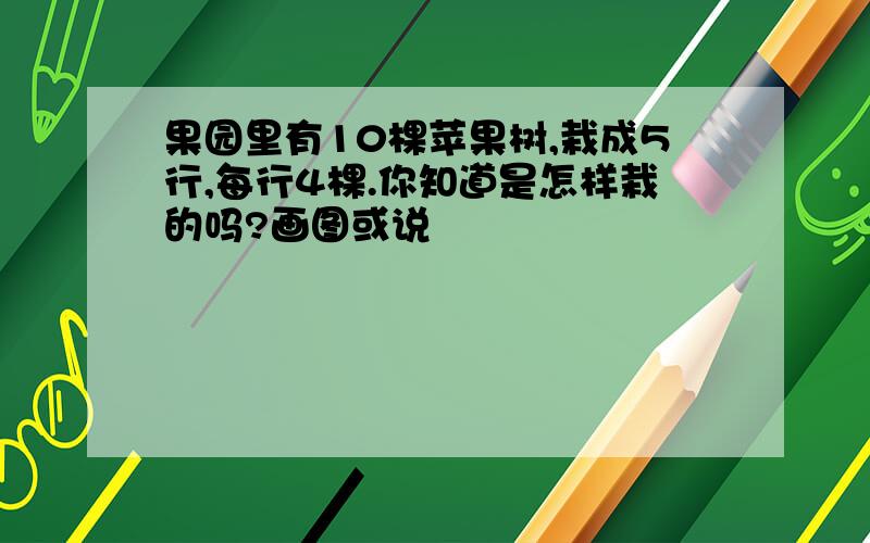 果园里有10棵苹果树,栽成5行,每行4棵.你知道是怎样栽的吗?画图或说