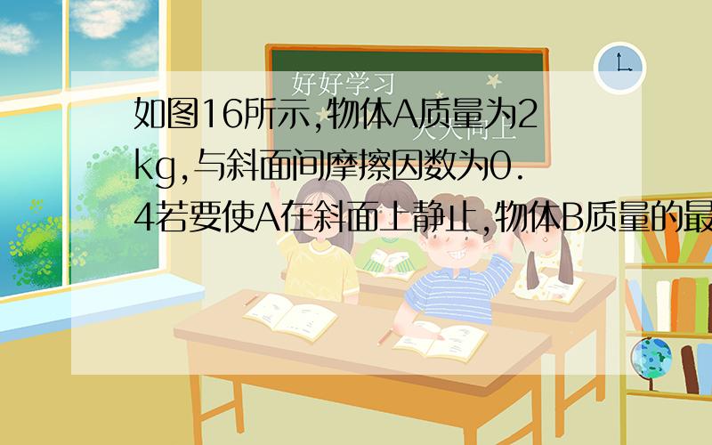 如图16所示,物体A质量为2kg,与斜面间摩擦因数为0.4若要使A在斜面上静止,物体B质量的最大值和最小值是多少?答案应该是：1.84kg,0.56kg