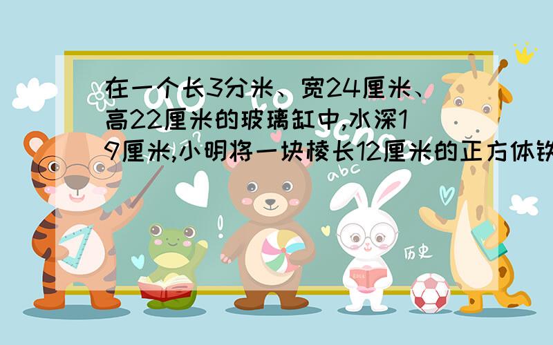 在一个长3分米、宽24厘米、高22厘米的玻璃缸中,水深19厘米,小明将一块棱长12厘米的正方体铁块投入水中投入后缸中的水会溢出吗？