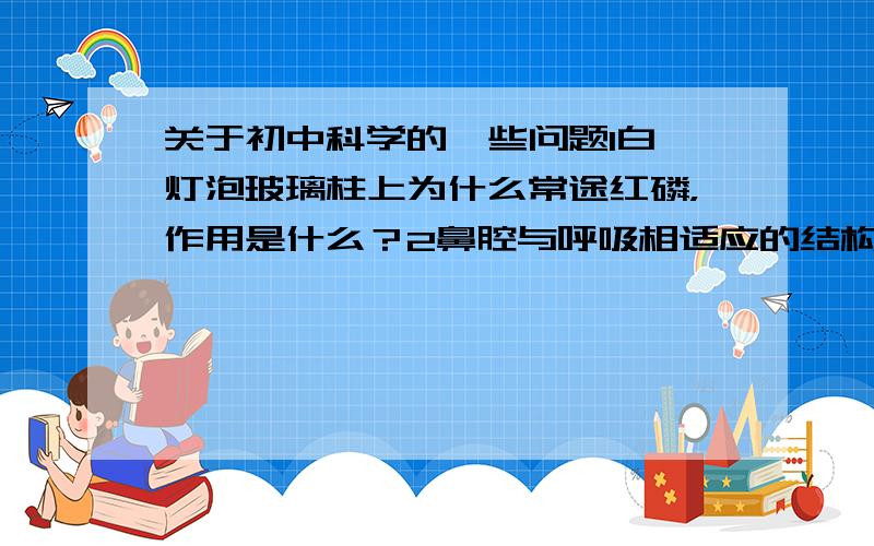 关于初中科学的一些问题1白炽灯泡玻璃柱上为什么常途红磷，作用是什么？2鼻腔与呼吸相适应的结构特点：1、鼻腔前部—————— 2、鼻腔表面—————— 3、鼻腔内的嗅细胞——3寒