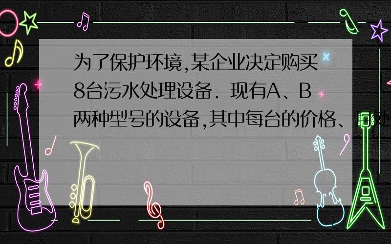 为了保护环境,某企业决定购买8台污水处理设备．现有A、B两种型号的设备,其中每台的价格、月处理污水量及年消耗费如右表：经预算,该企业购买设备的资金不高于84万元,污水处理量不少于1