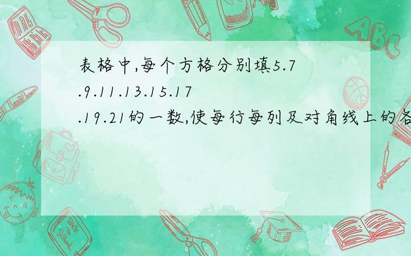 表格中,每个方格分别填5.7.9.11.13.15.17.19.21的一数,使每行每列及对角线上的各数的和都为39,我需要表格?在表格中填出来