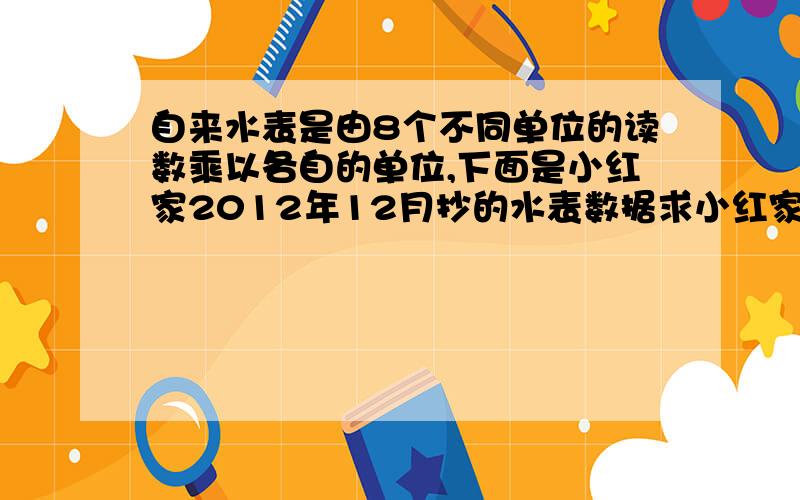 自来水表是由8个不同单位的读数乘以各自的单位,下面是小红家2012年12月抄的水表数据求小红家截止12月用水多少立方米