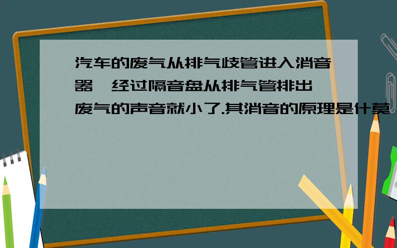 汽车的废气从排气歧管进入消音器,经过隔音盘从排气管排出,废气的声音就小了.其消音的原理是什莫