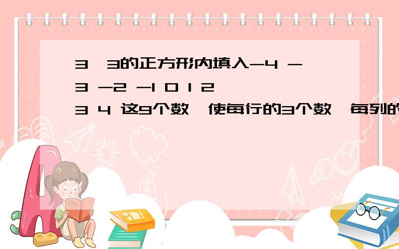 3×3的正方形内填入-4 -3 -2 -1 0 1 2 3 4 这9个数,使每行的3个数,每列的3个数斜对角的三个数相加均为零.