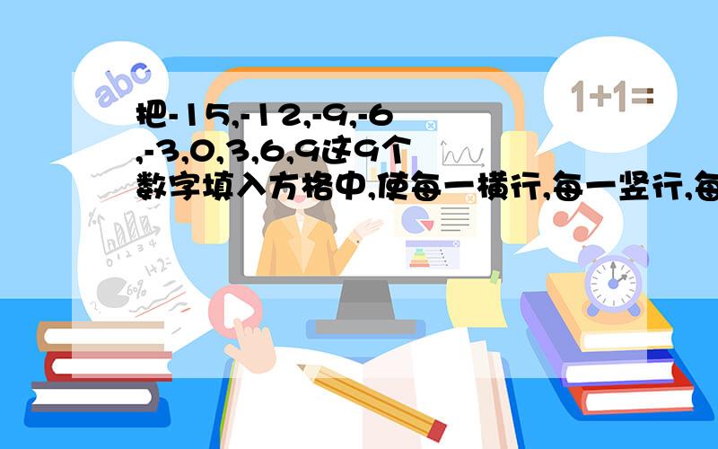 把-15,-12,-9,-6,-3,0,3,6,9这9个数字填入方格中,使每一横行,每一竖行,每一条对角线的三个数之和相等未解决难题   把-15,-12,-9,-6,-3,0,3,6,9这9个数字填入方格中,使每一横行,每一竖行,每一条对角线