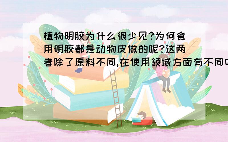 植物明胶为什么很少见?为何食用明胶都是动物皮做的呢?这两者除了原料不同,在使用领域方面有不同吗?问这个是因为需要在制作水果面膜的时候用到明胶让汁液粘稠一点,看到英国的节目里