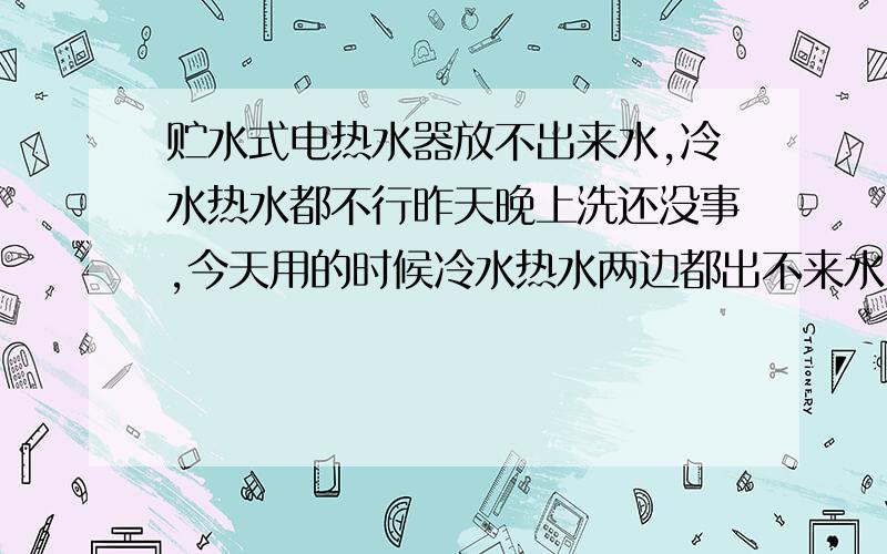 贮水式电热水器放不出来水,冷水热水都不行昨天晚上洗还没事,今天用的时候冷水热水两边都出不来水,洗浴间其他水阀门出水良好,热水器加热功能正常,出热水软管是热的,打开热水阀门,一直