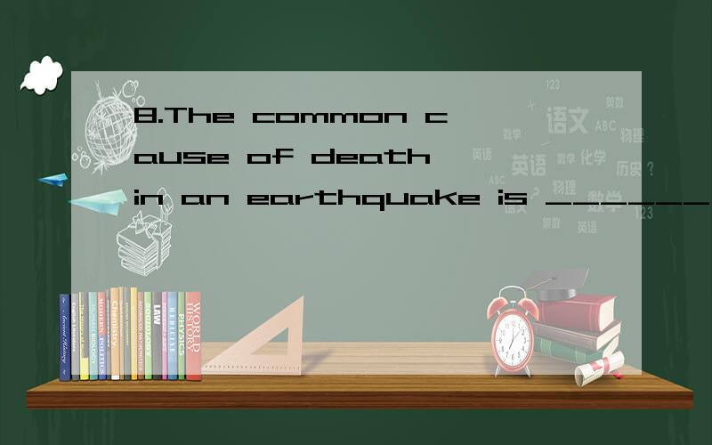 8.The common cause of death in an earthquake is ______ under a falling building.A.crushed B.having crushed C.being crushed D.crushing这道题为什么不选A啊